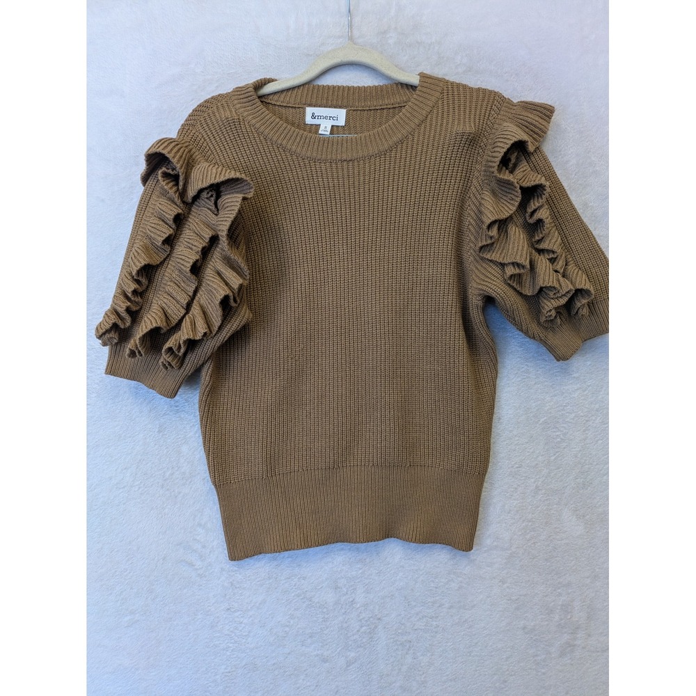 &merci Womens Tan Ribbed Knit Ruffle Short Sleeve Sweater Brown Size Small